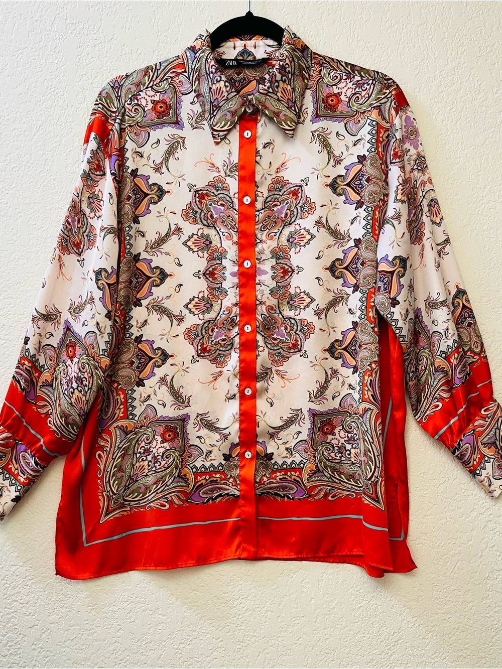 Zara Red and Cream Paisley-Print Men's Button-Down Shirt